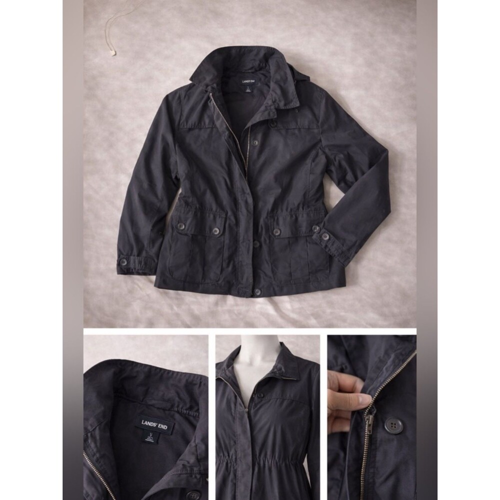 Lands’ End Black Utility Jacket Lightweight Hooded Field Coat L
